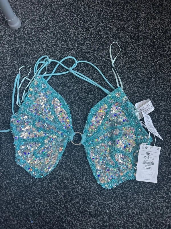 Bershka Bershka blue silver sequin beaded butterfly crop top size xs-s Ibiza coachella cynzia style