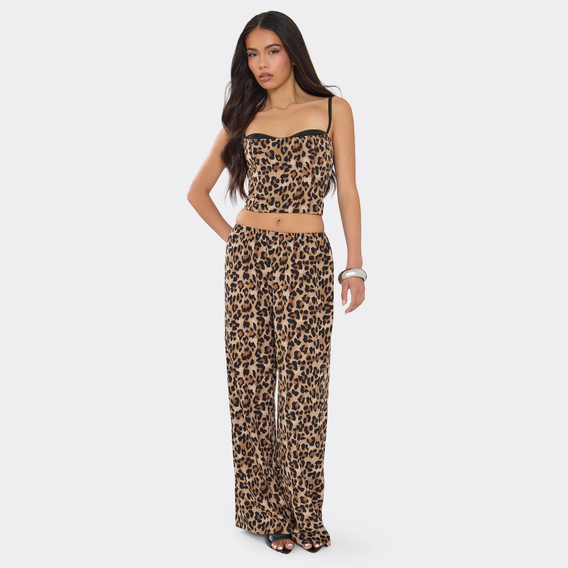 EGO Wide Leg Trousers In Leopard Print, Women's Size UK 6