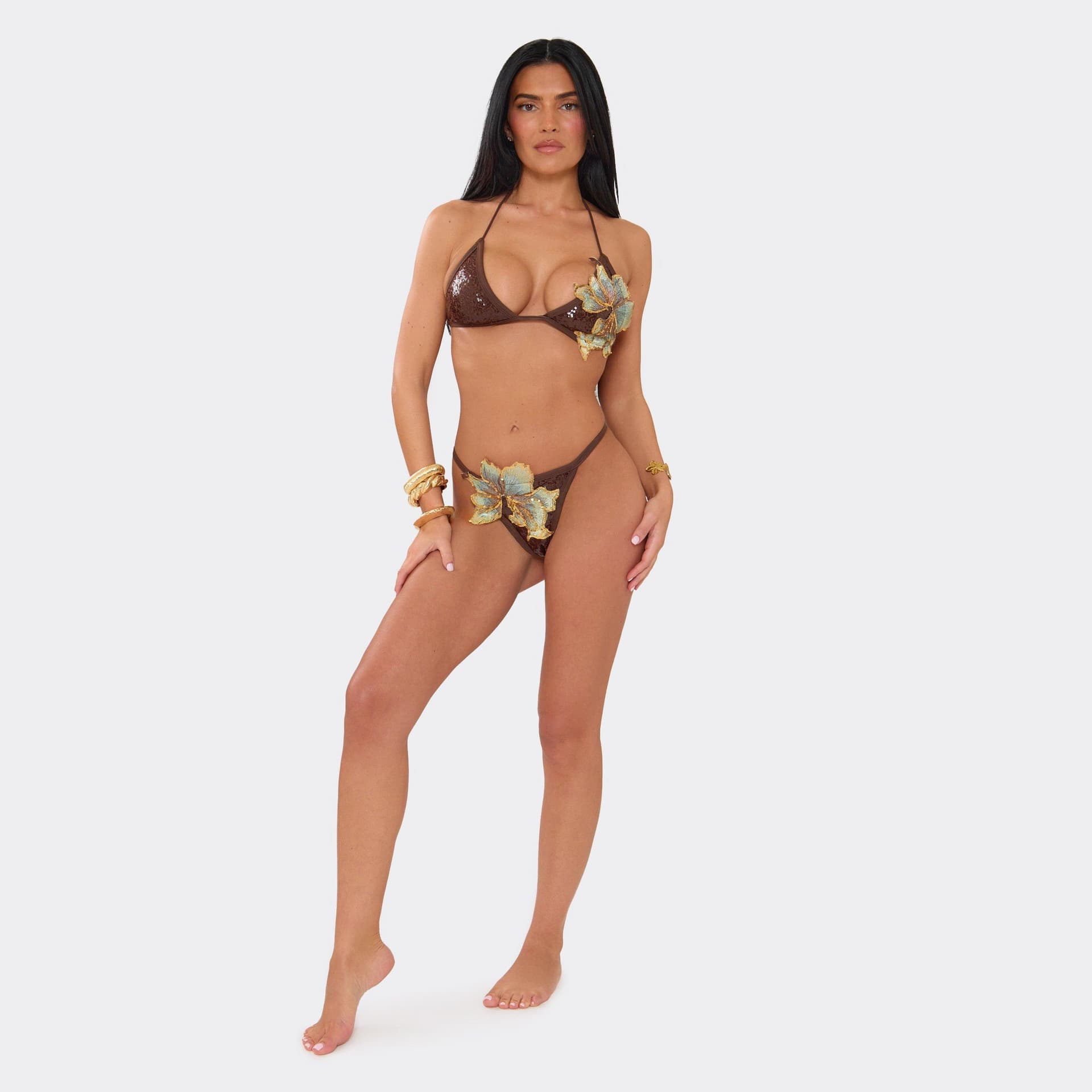 EGO Applique Flower Detail Bikini Bottoms In Brown Sequin, Women's Size UK L