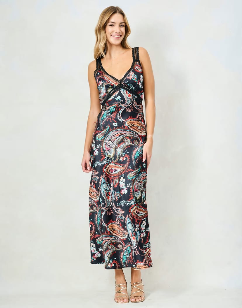 ASOS Hope & Ivy The mei printed v-neck satin cami midi dress with lace detailing in black multi - 1