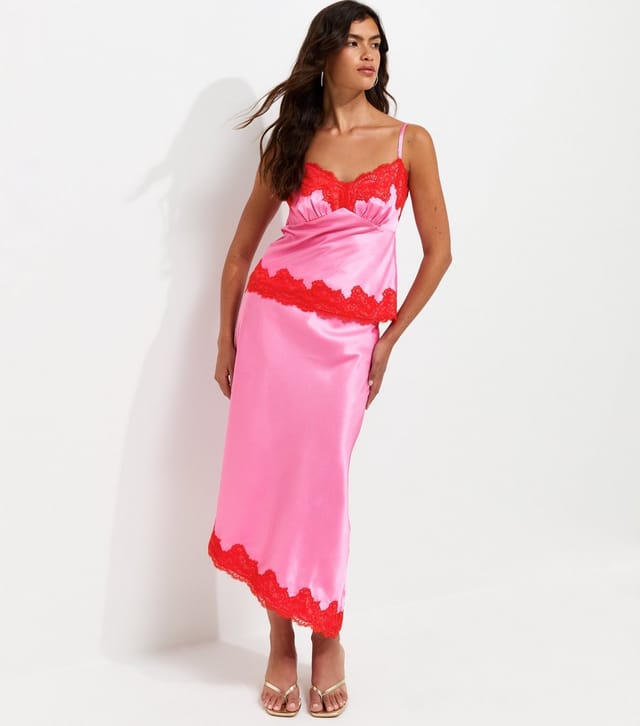 New Look Women's Bright Pink Satin Contrast Trim Lace Cami Top New Look - 2