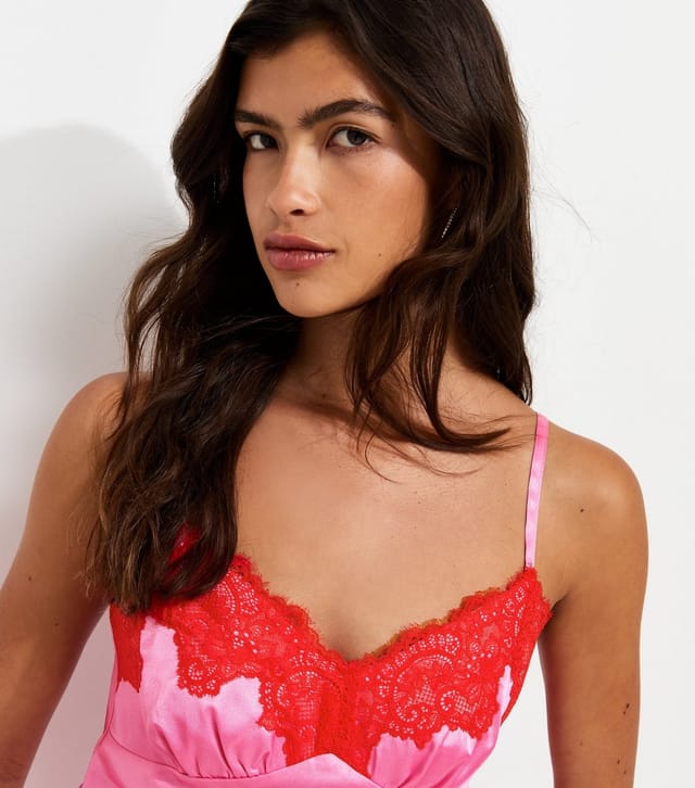New Look Women's Bright Pink Satin Contrast Trim Lace Cami Top New Look - 3