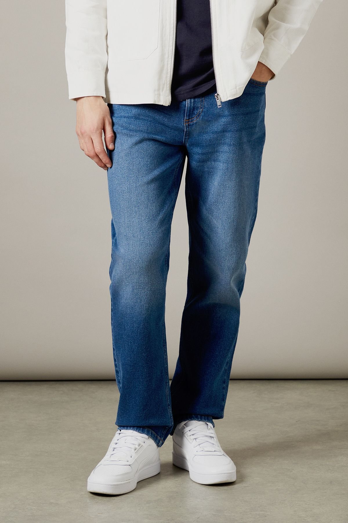 Burton Burton Men's Mid Wash Stretch Straight Fit Jeans in Mid Blue - 2