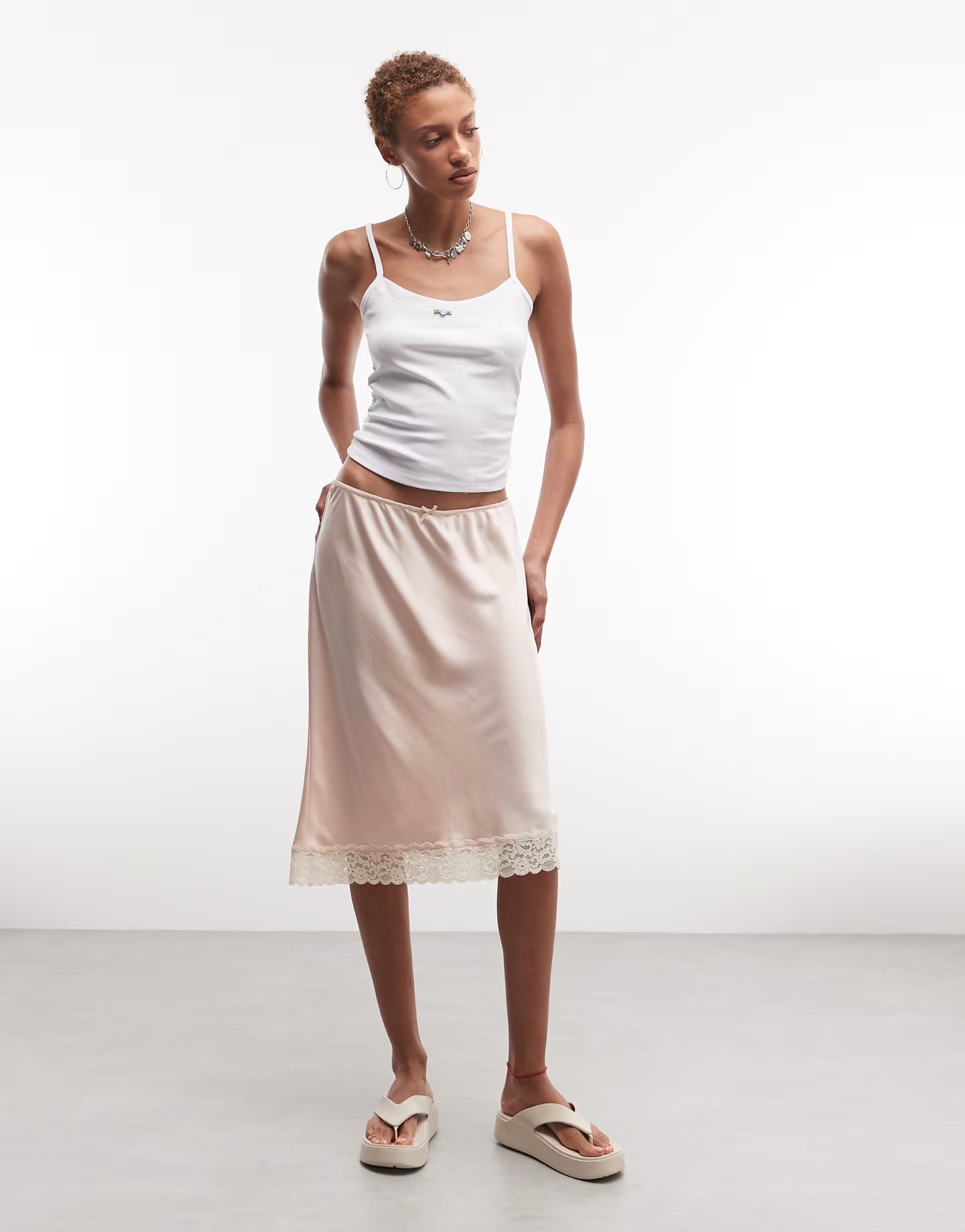 ASOS Monki satin look lace midi skirt in dusty pink