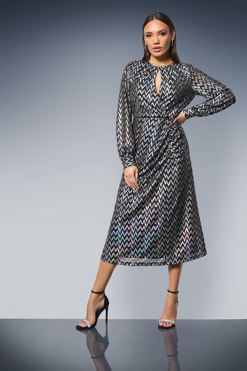 Principles Principles Women's Keyhole Detail Ruched Front Metallic Detail Jersey Midi Dress in Black - 2