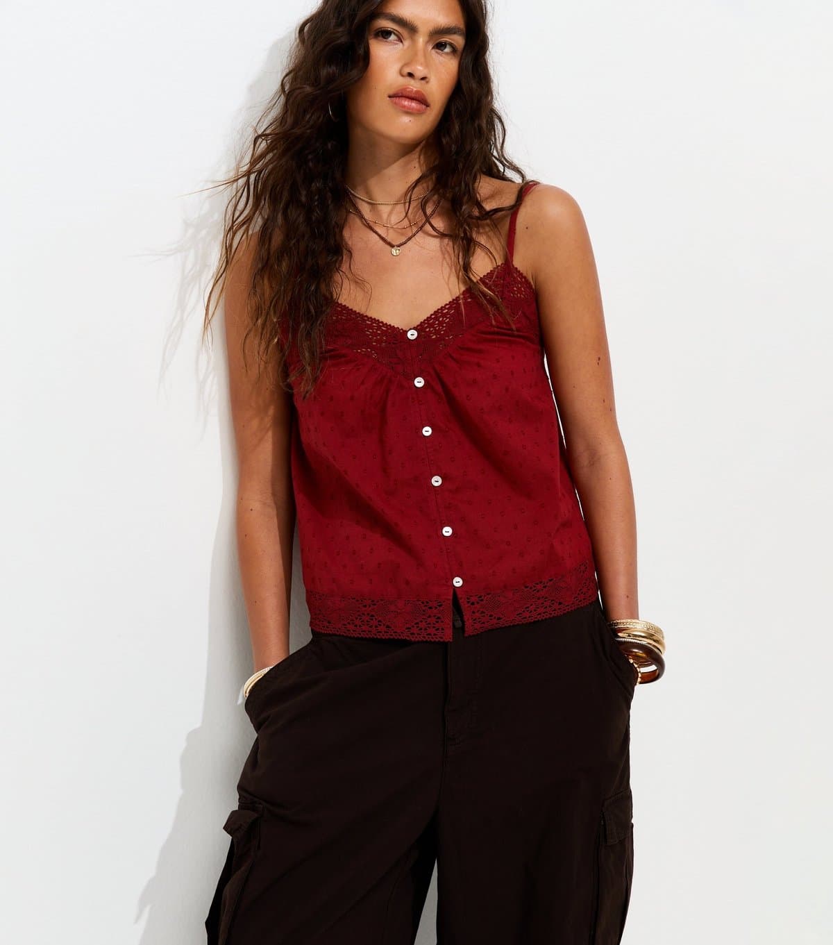 New Look Women's Rust Cotton Dobby Texture Lace Trim Cami Top New Look