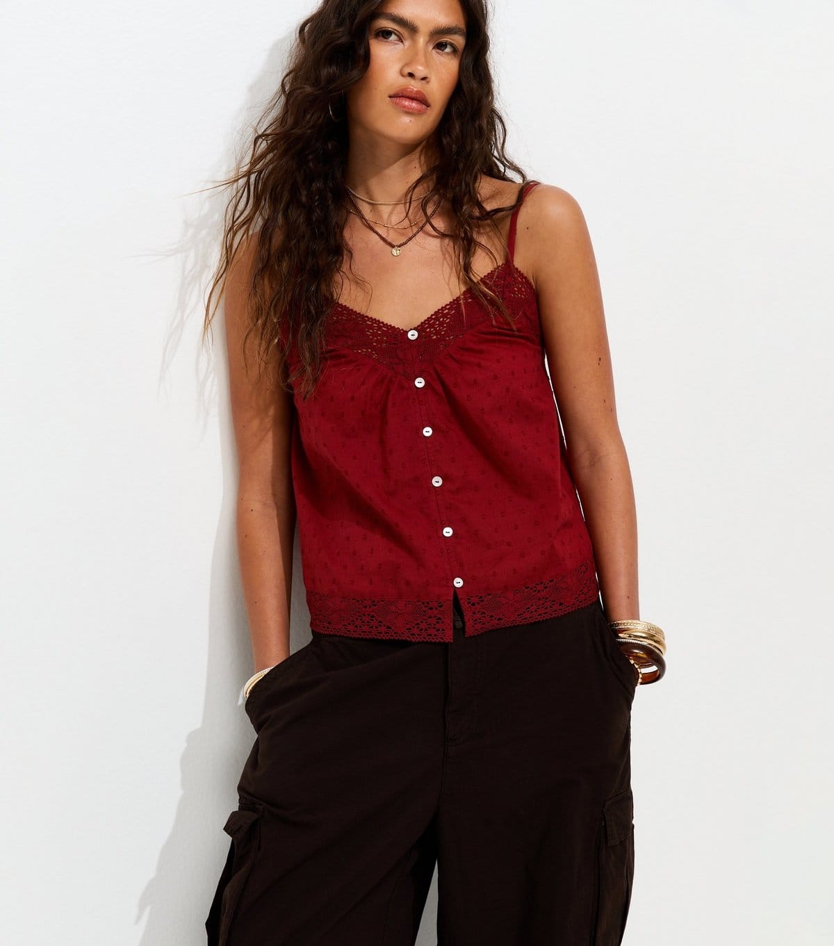 New Look Rust Cotton Lace Trim Cami Top