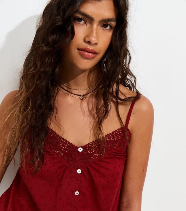 New Look Women's Rust Cotton Dobby Texture Lace Trim Cami Top New Look - 2