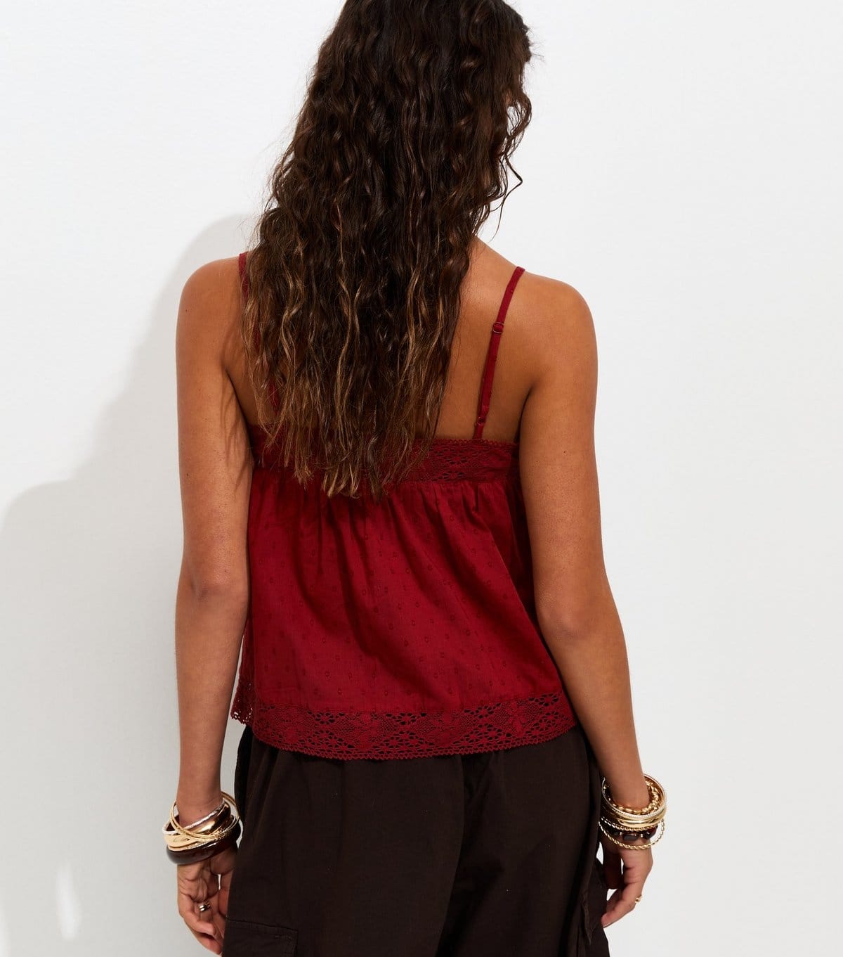 New Look Women's Rust Cotton Dobby Texture Lace Trim Cami Top New Look - 4
