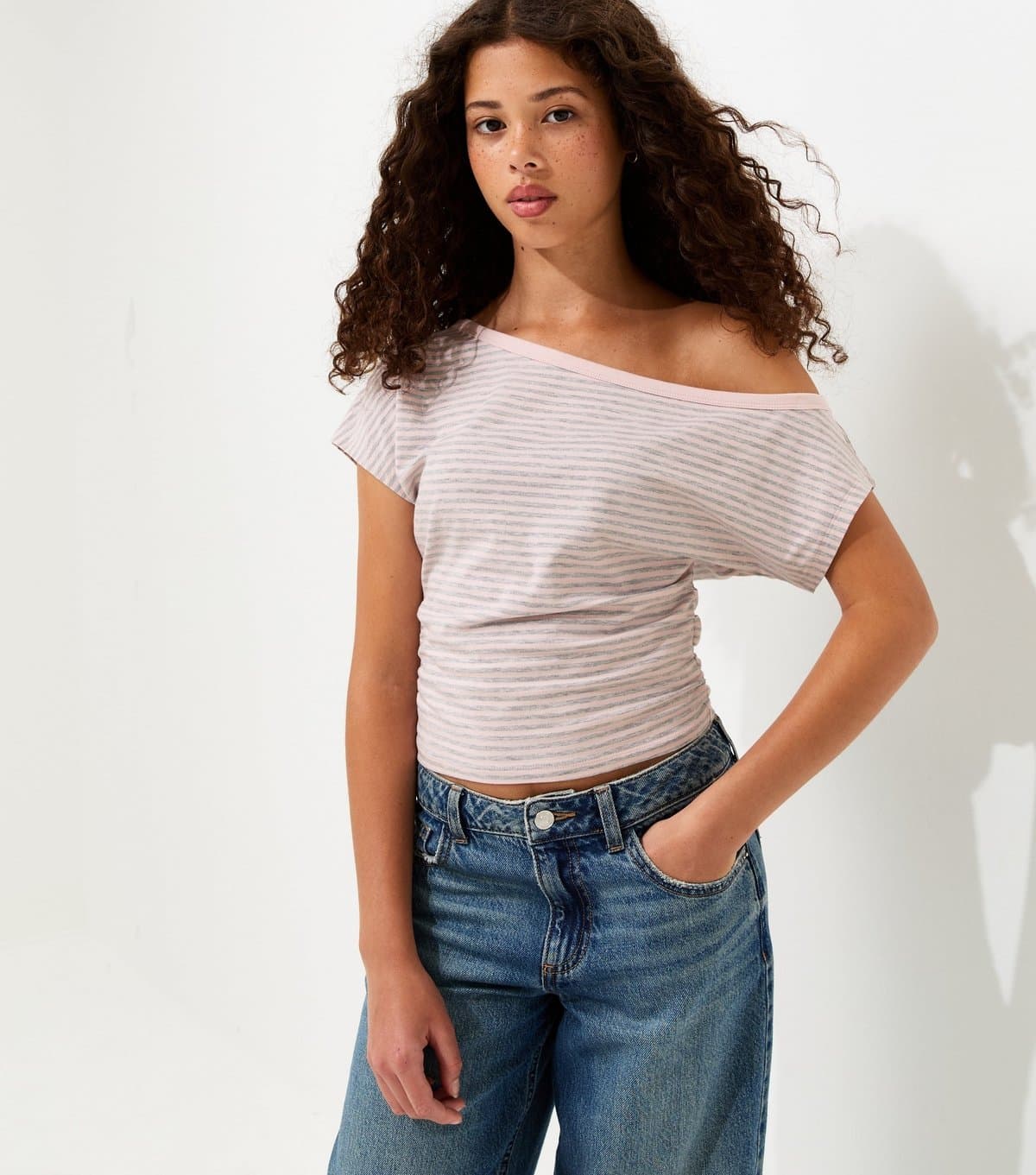New Look Girls' Pink Cotton Rich Striped Cinched Waist Slash Neck Top New Look