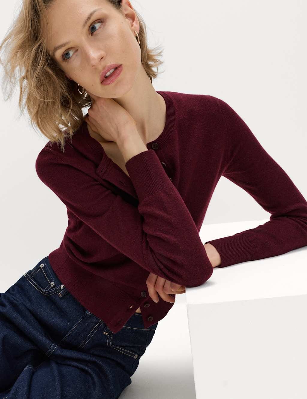 Marks & Spencer M&S Air-Yarn Crew Neck Short Cardigan Dark Burgundy - 1