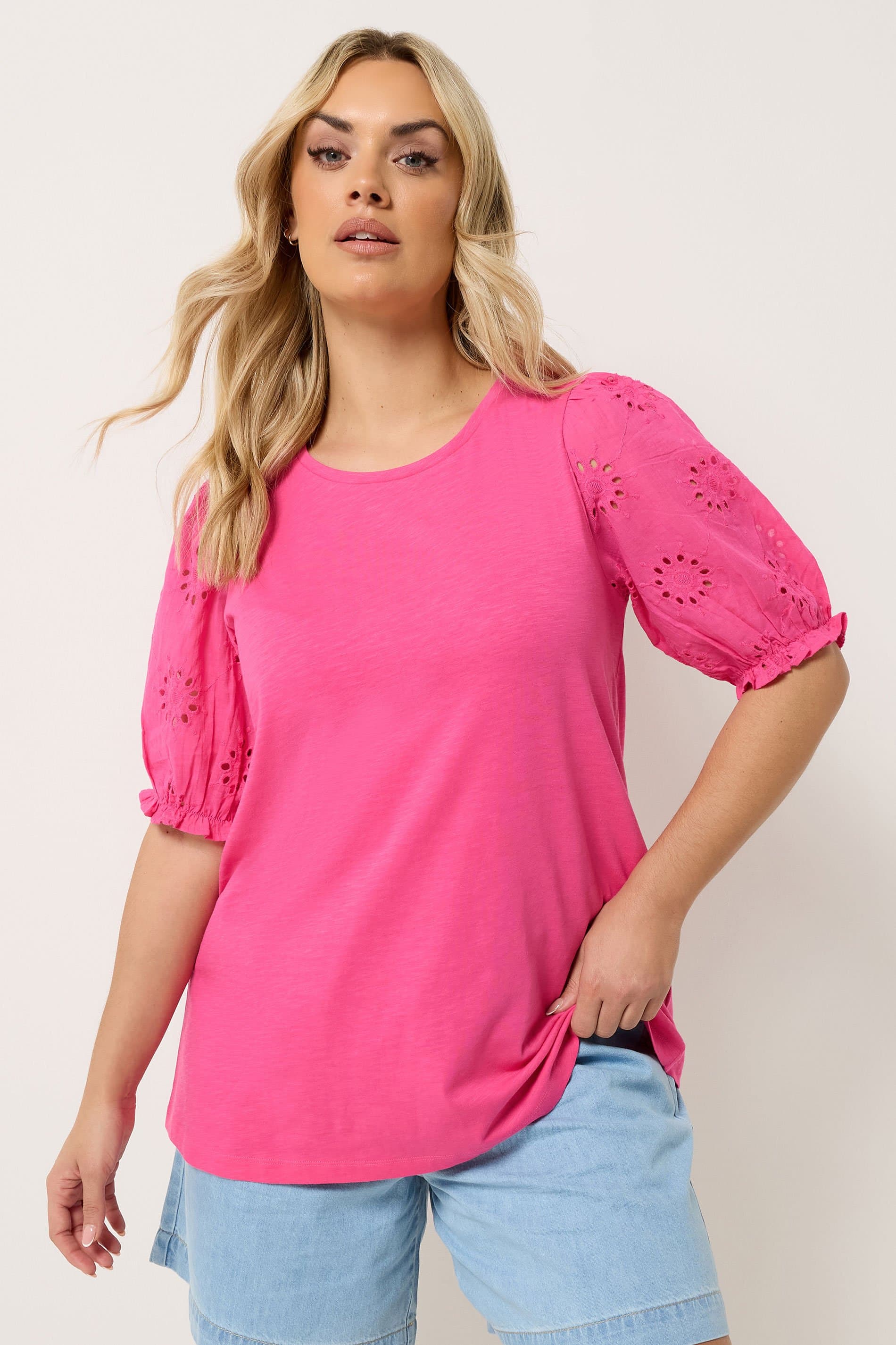 Yours Plus Size Pink Broiderie Anglaise Tshirt
