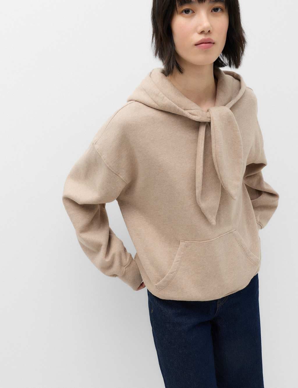 Marks & Spencer M&S Pure Cotton Tie Neck Hoodie Neutral