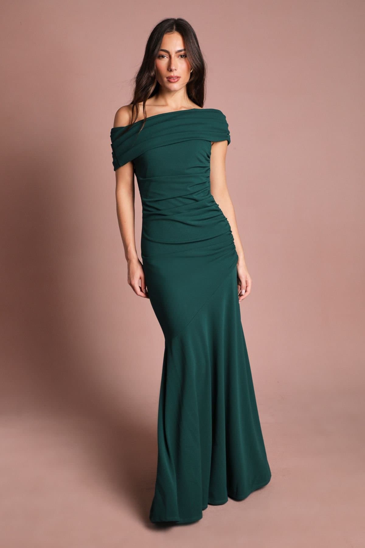 Coast Coast Women's Pleated One Shoulder Bardot Fit & Flare Maxi Dress in Emerald