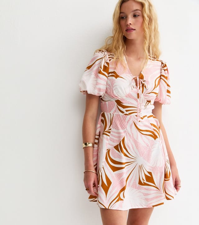 New Look Women's Pink Leaf Print Tie Front Mini Dress New Look - 3
