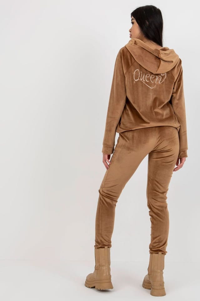 Love Lace Love Lace Women's Velour Embroidered Hooded Sweatshirt & Pants Set in Brown - 2