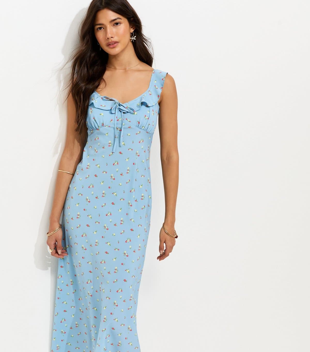 New Look Women's Light Blue Ditsy Ruffle Strappy V Neck Midi Dress New Look