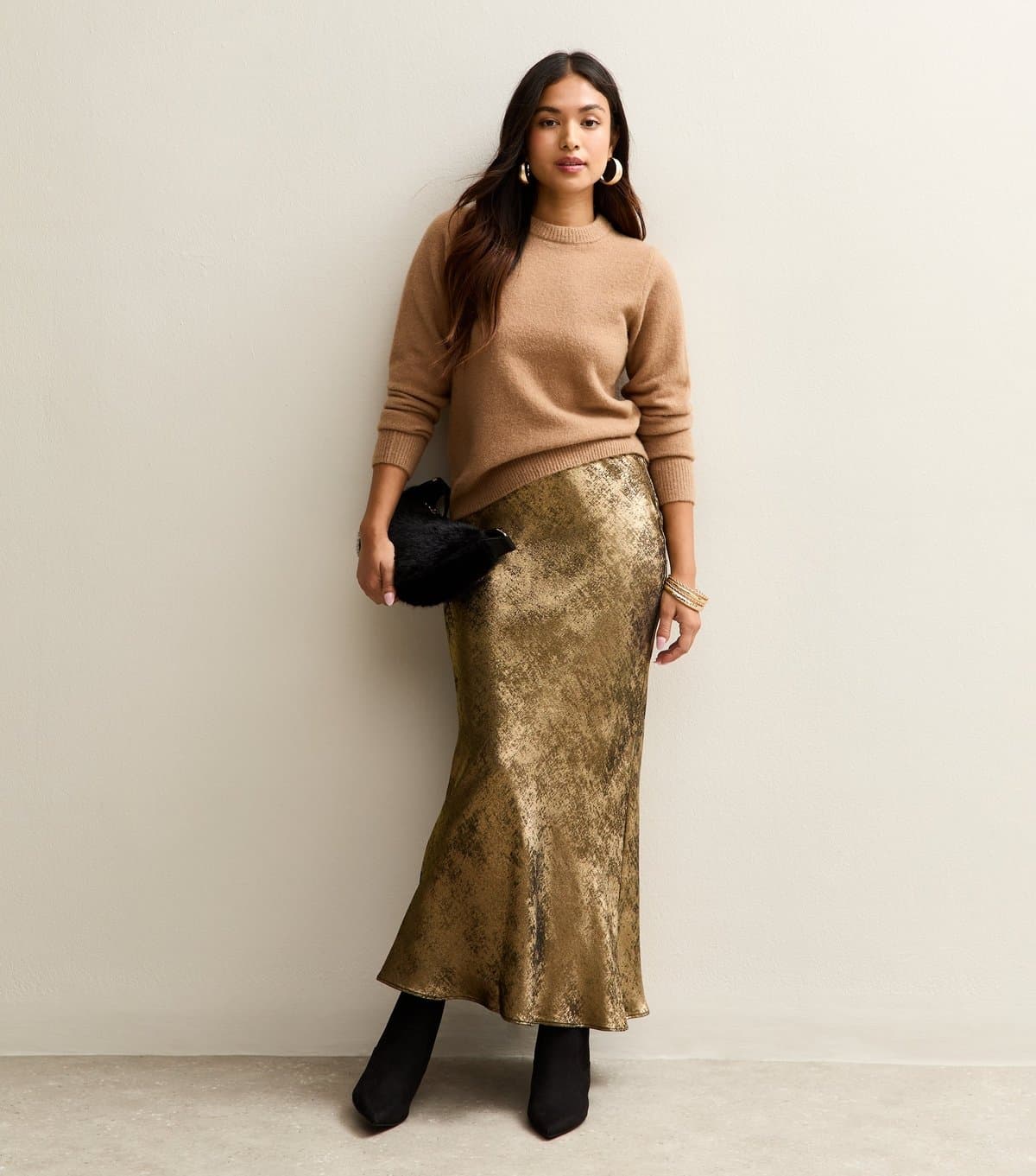 New Look Women's Petite Gold Bias Cut Midi Skirt New Look