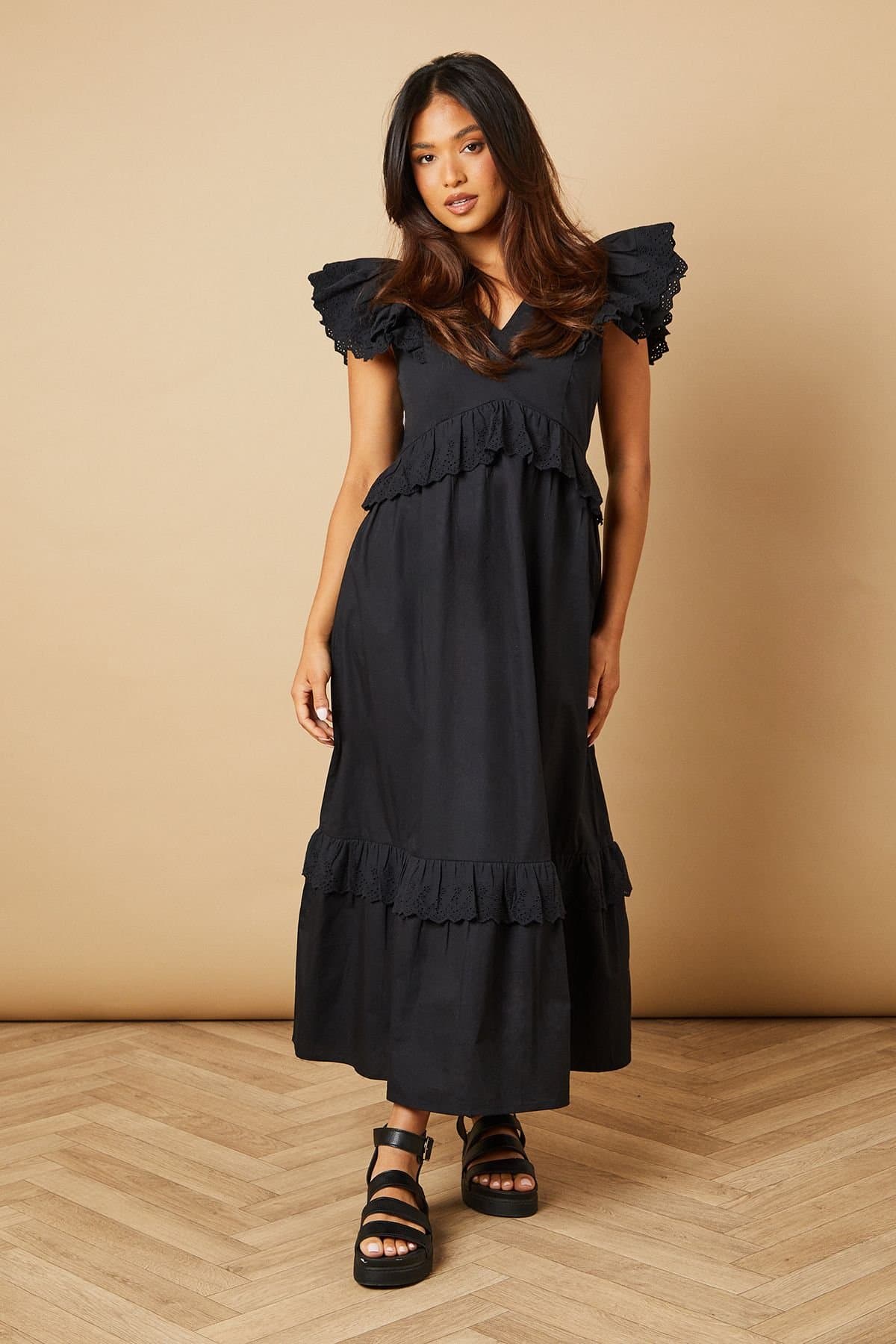 Oasis Oasis Women's Petite Broderie Panel Ruffle Maxi Dress in Black