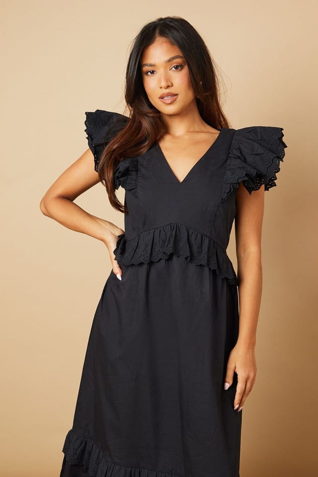 Oasis Oasis Women's Petite Broderie Panel Ruffle Maxi Dress in Black - 2
