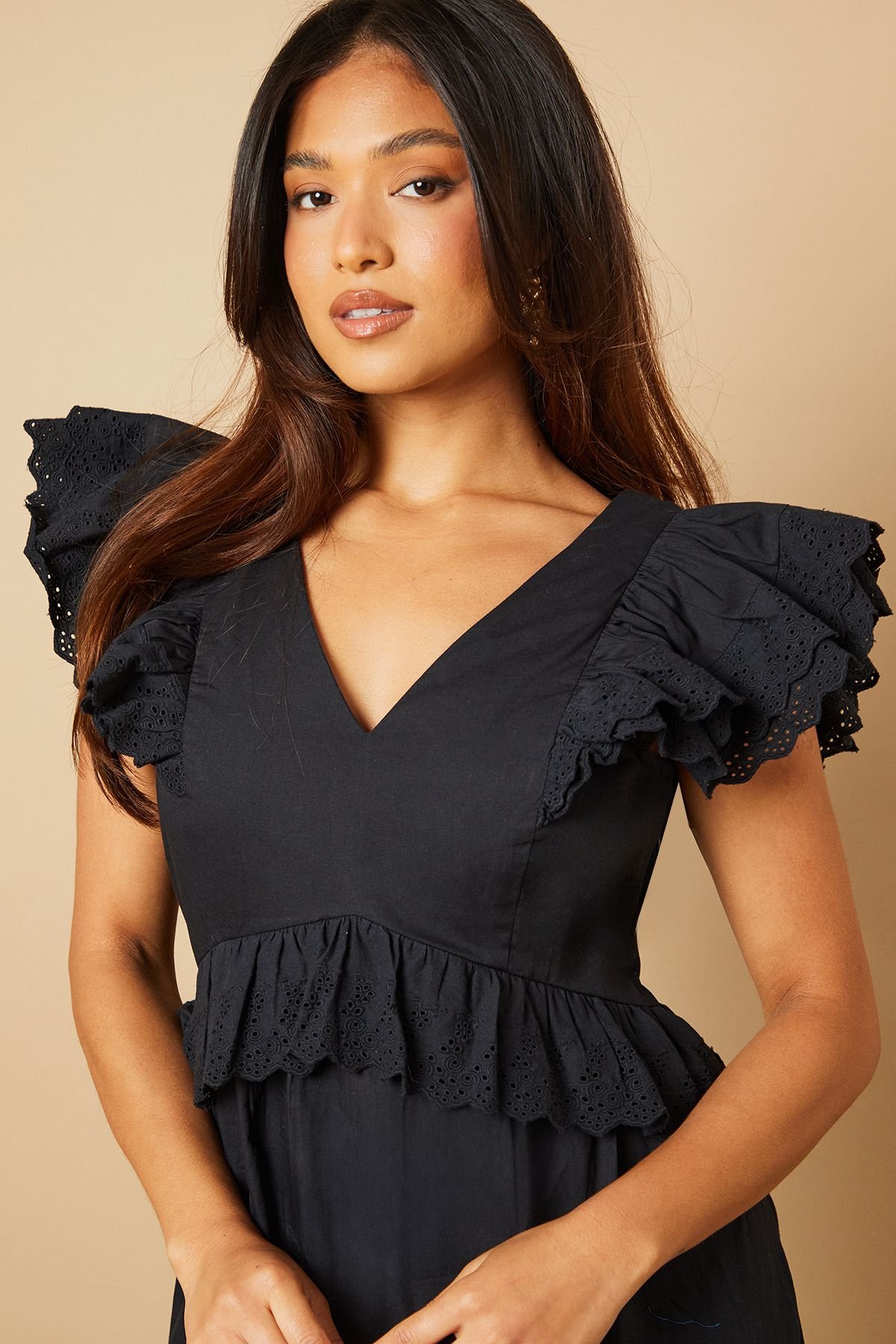 Oasis Oasis Women's Petite Broderie Panel Ruffle Maxi Dress in Black - 3