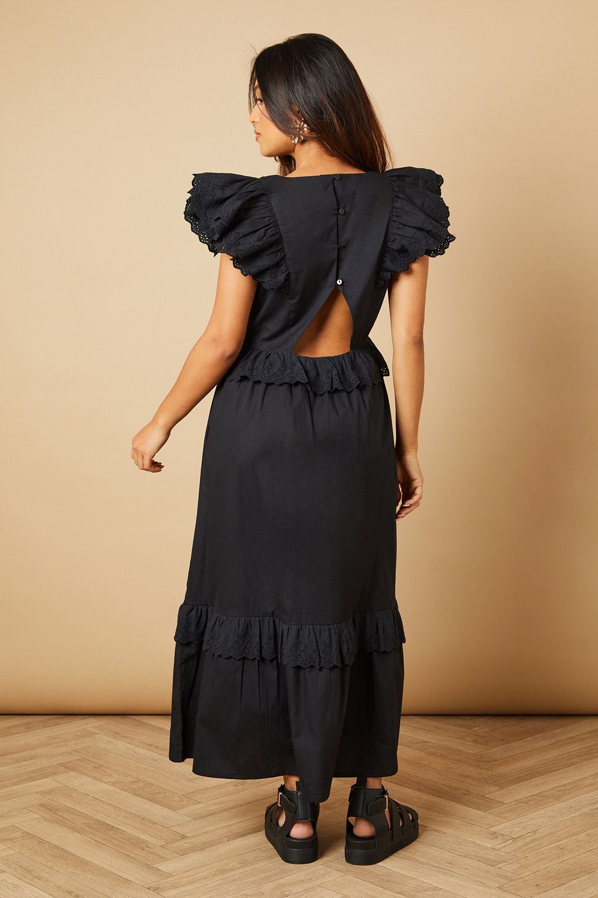 Oasis Oasis Women's Petite Broderie Panel Ruffle Maxi Dress in Black - 4