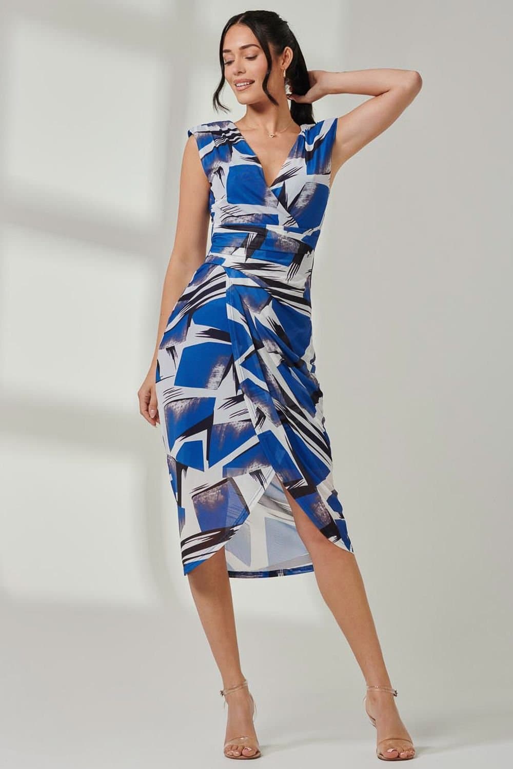 Jolie Moi Jolie Moi Women's Mesh Wrap Ruched Bodycon Dress in Bright Blue