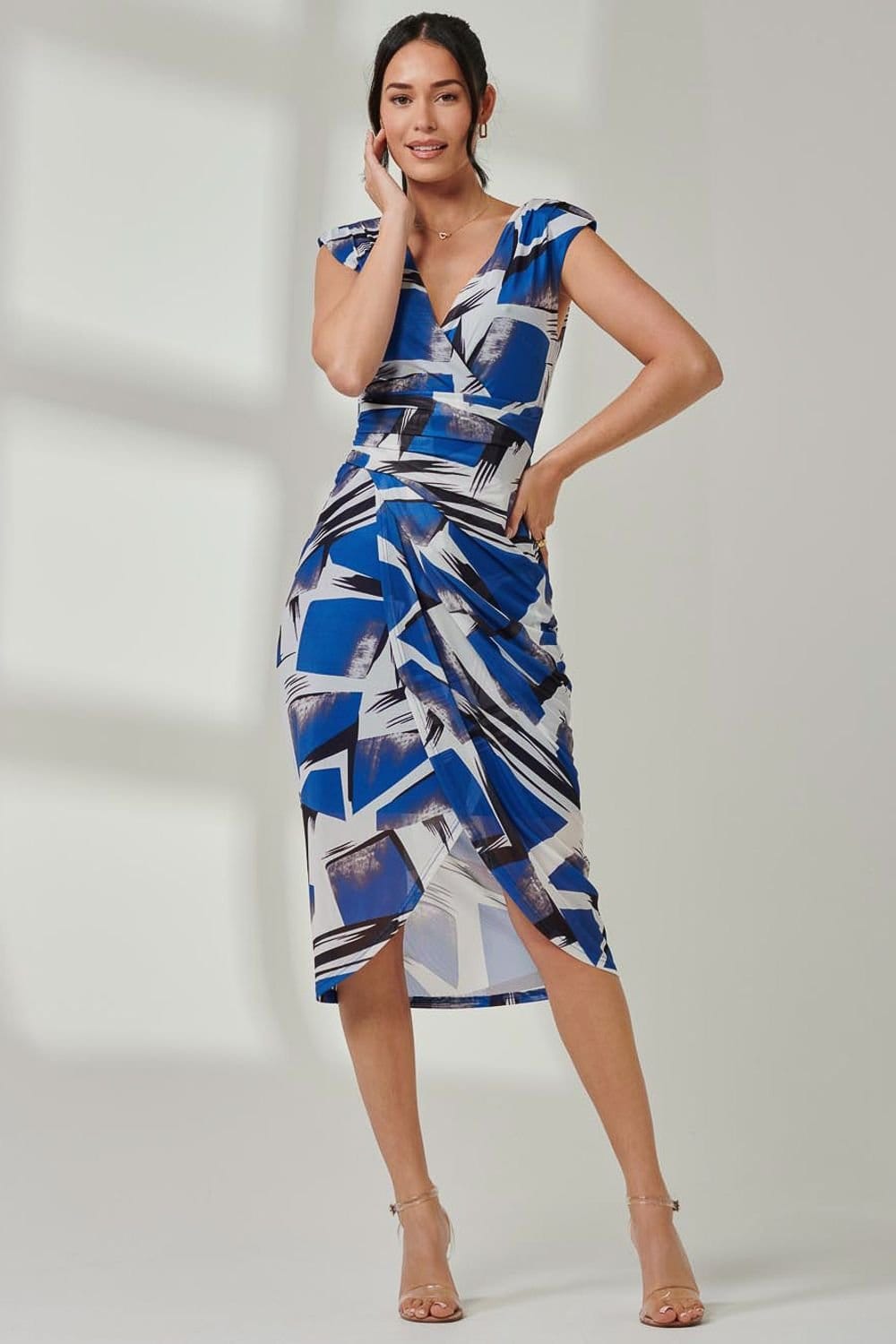 Jolie Moi Jolie Moi Women's Mesh Wrap Ruched Bodycon Dress in Bright Blue - 4