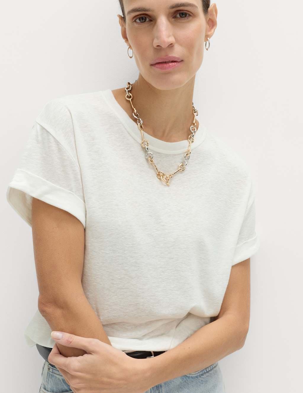 Marks & Spencer M&S Ivory Linen Blend Crew Neck T-Shirt