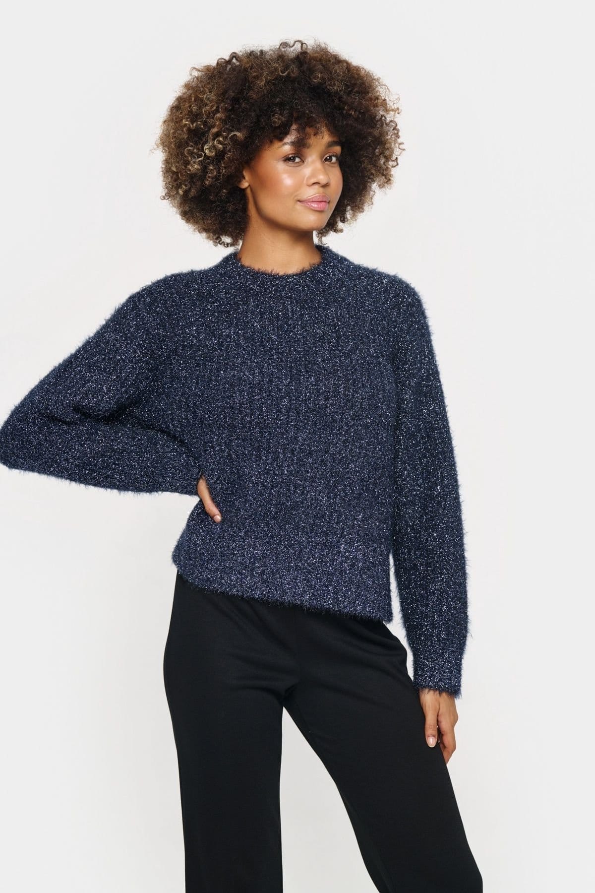 Saint Tropez Dark Navy Glitter Knit Casual Fit Pullover