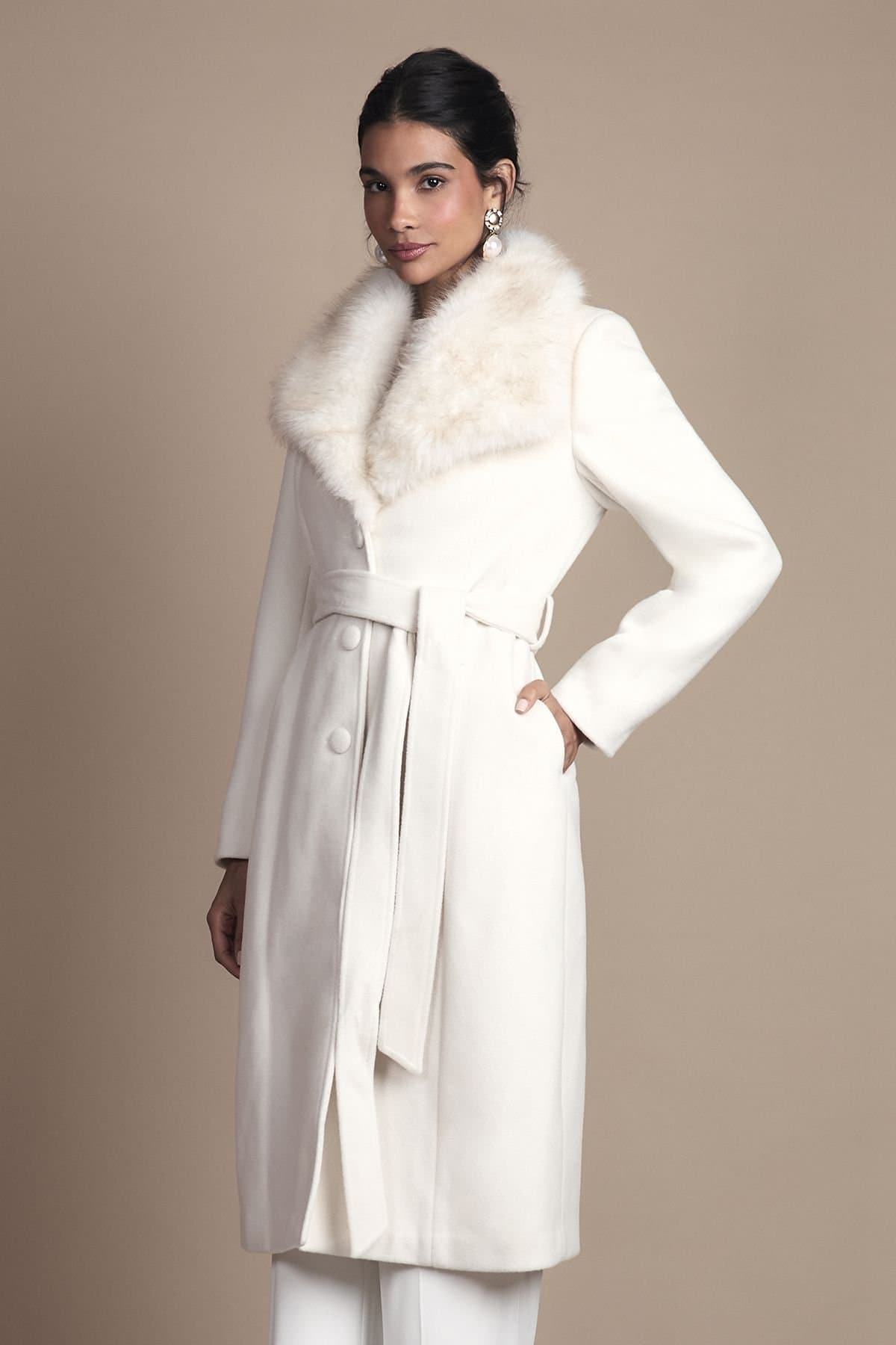 Coast Coast Women's Ivory Faux Fur Collar Occasion Belted Midi Coat