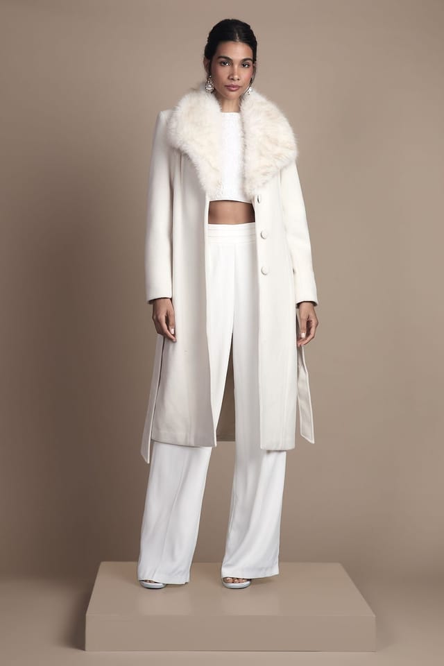 Coast Coast Women's Ivory Faux Fur Collar Occasion Belted Midi Coat - 2