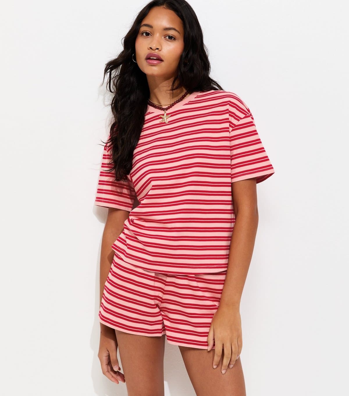 New Look Women's Pink and Red Cotton Striped T-Shirt New Look