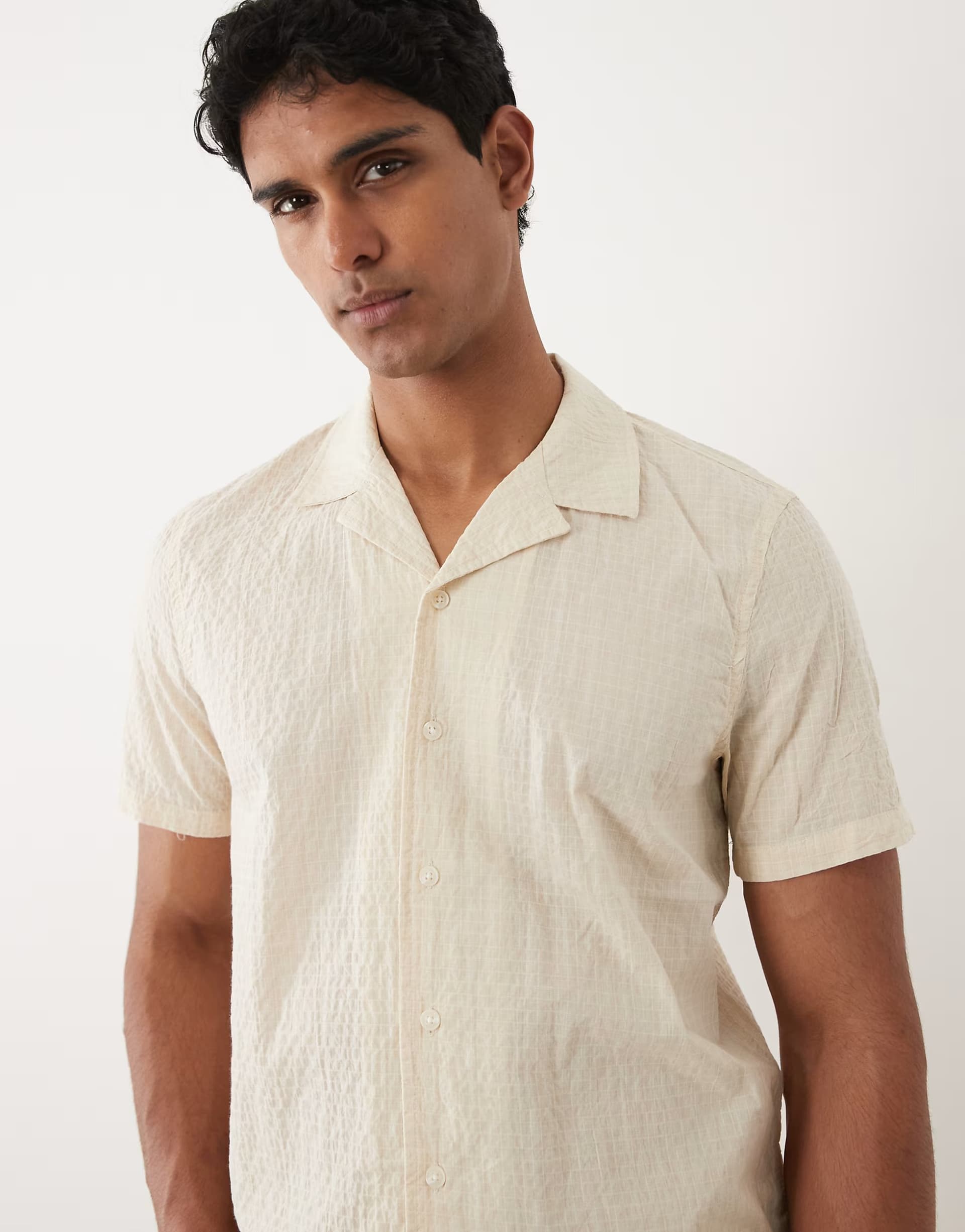 ASOS BLEND cotton-rich regular fit cuban shirt in bleached sand