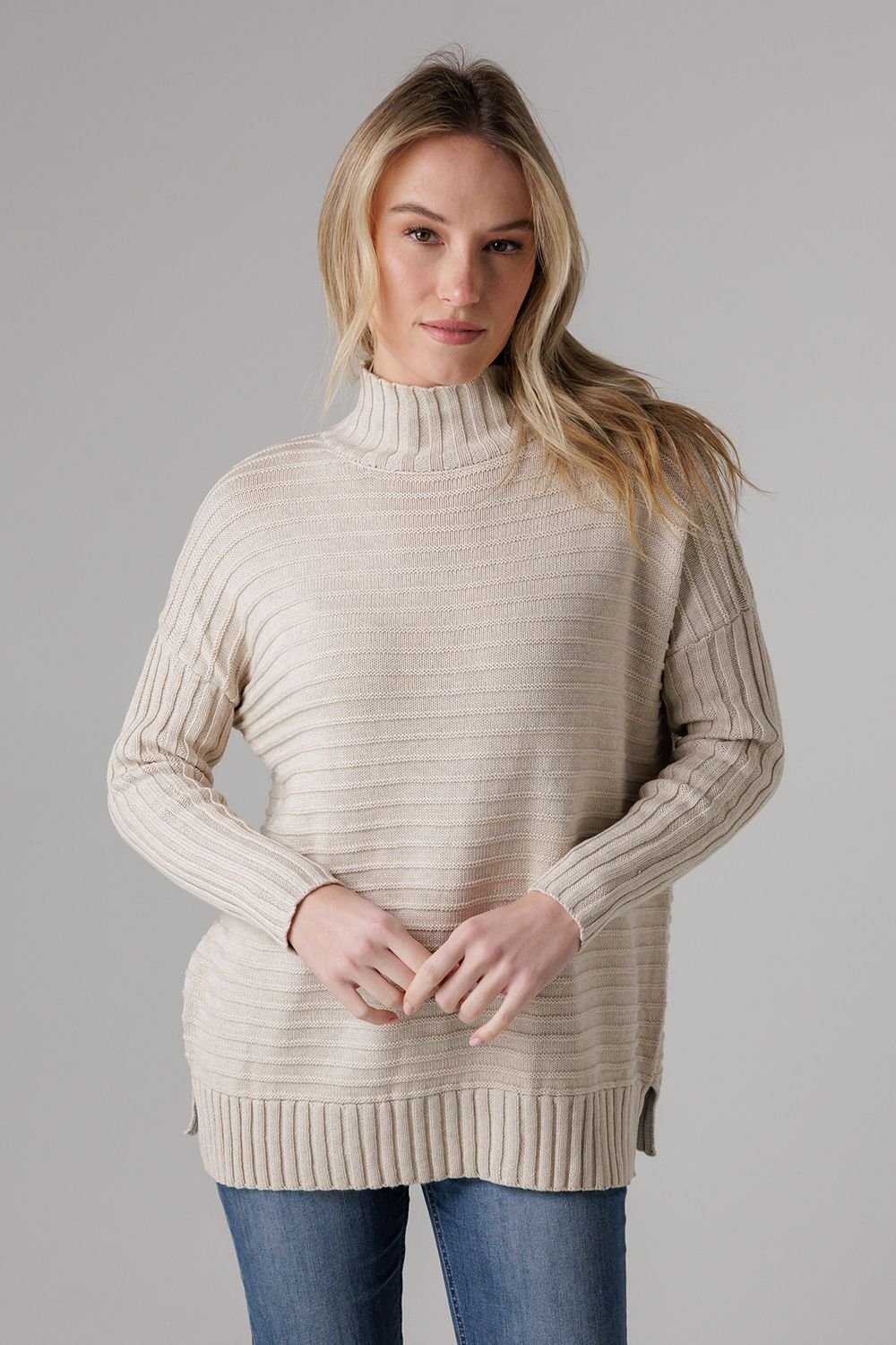 French Connection French Connection Women's Cotton Ribbed Knit High Neck Jumper in Beige - 3