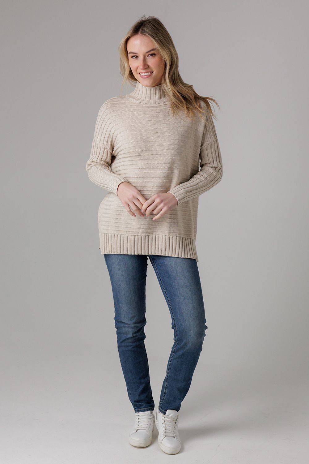French Connection French Connection Women's Cotton Ribbed Knit High Neck Jumper in Beige - 4