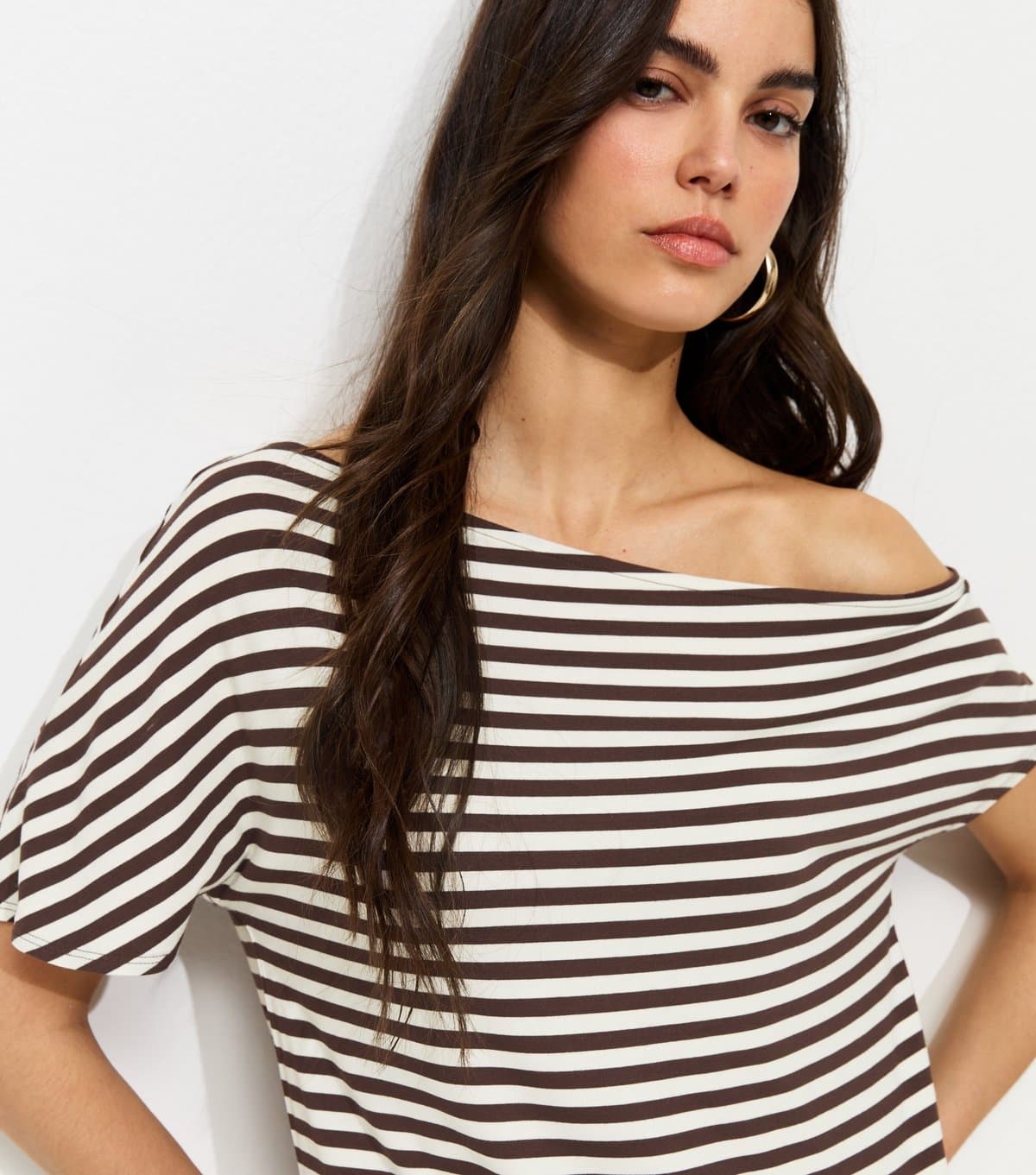 New Look Women's Brown Jersey Short Sleeve Stripe Off The Shoulder Top New Look