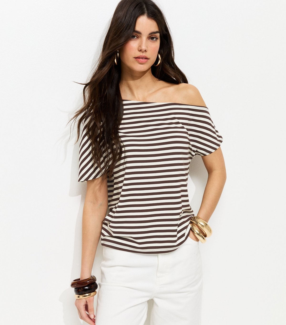 New Look Women's Brown Jersey Short Sleeve Stripe Off The Shoulder Top New Look - 2