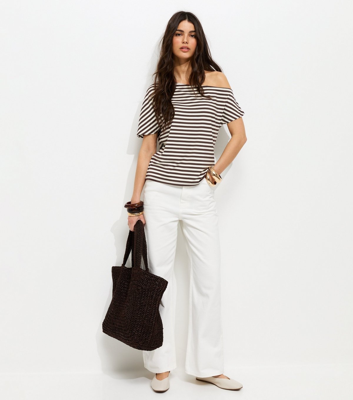 New Look Women's Brown Jersey Short Sleeve Stripe Off The Shoulder Top New Look - 3