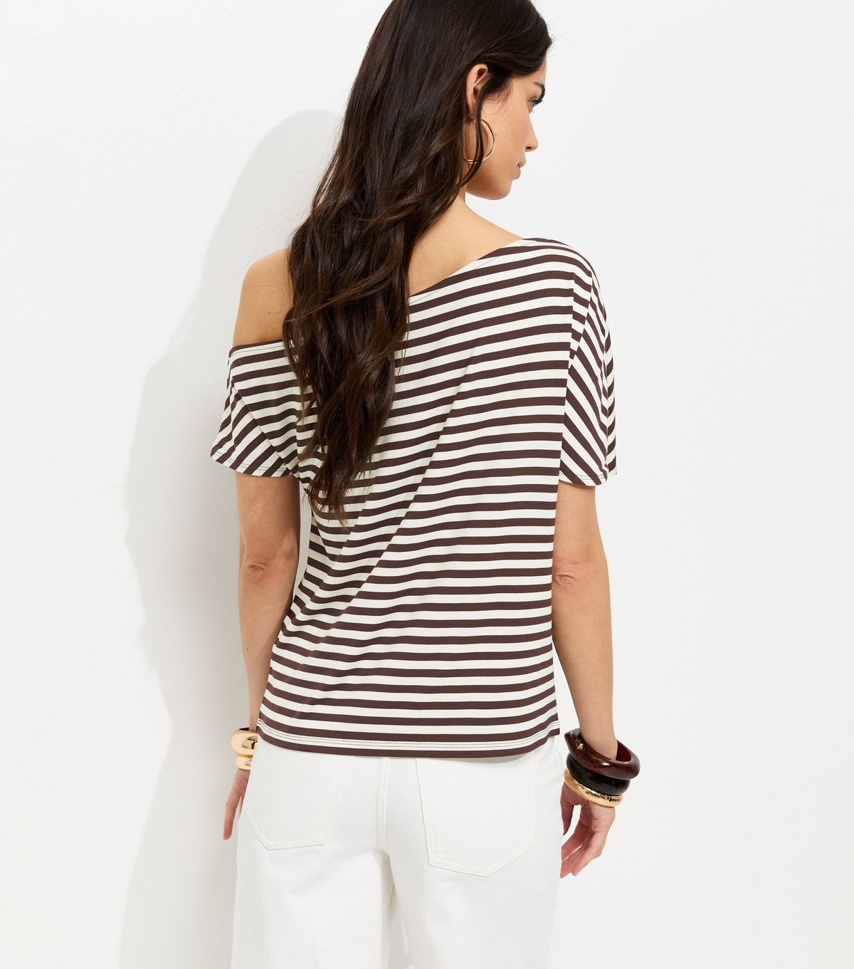 New Look Women's Brown Jersey Short Sleeve Stripe Off The Shoulder Top New Look - 4