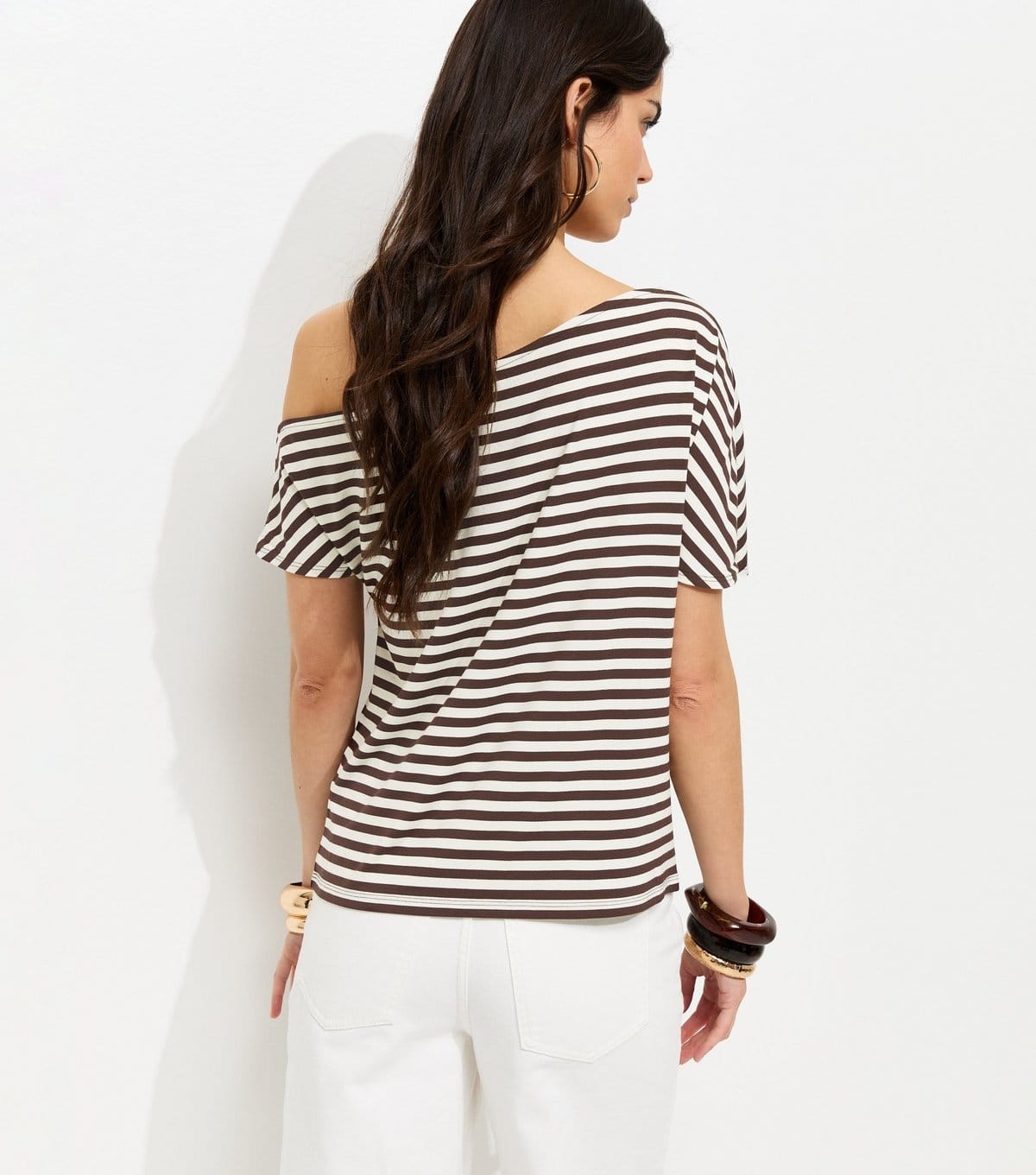 New Look Women's Brown Jersey Short Sleeve Stripe Off The Shoulder Top New Look - 4