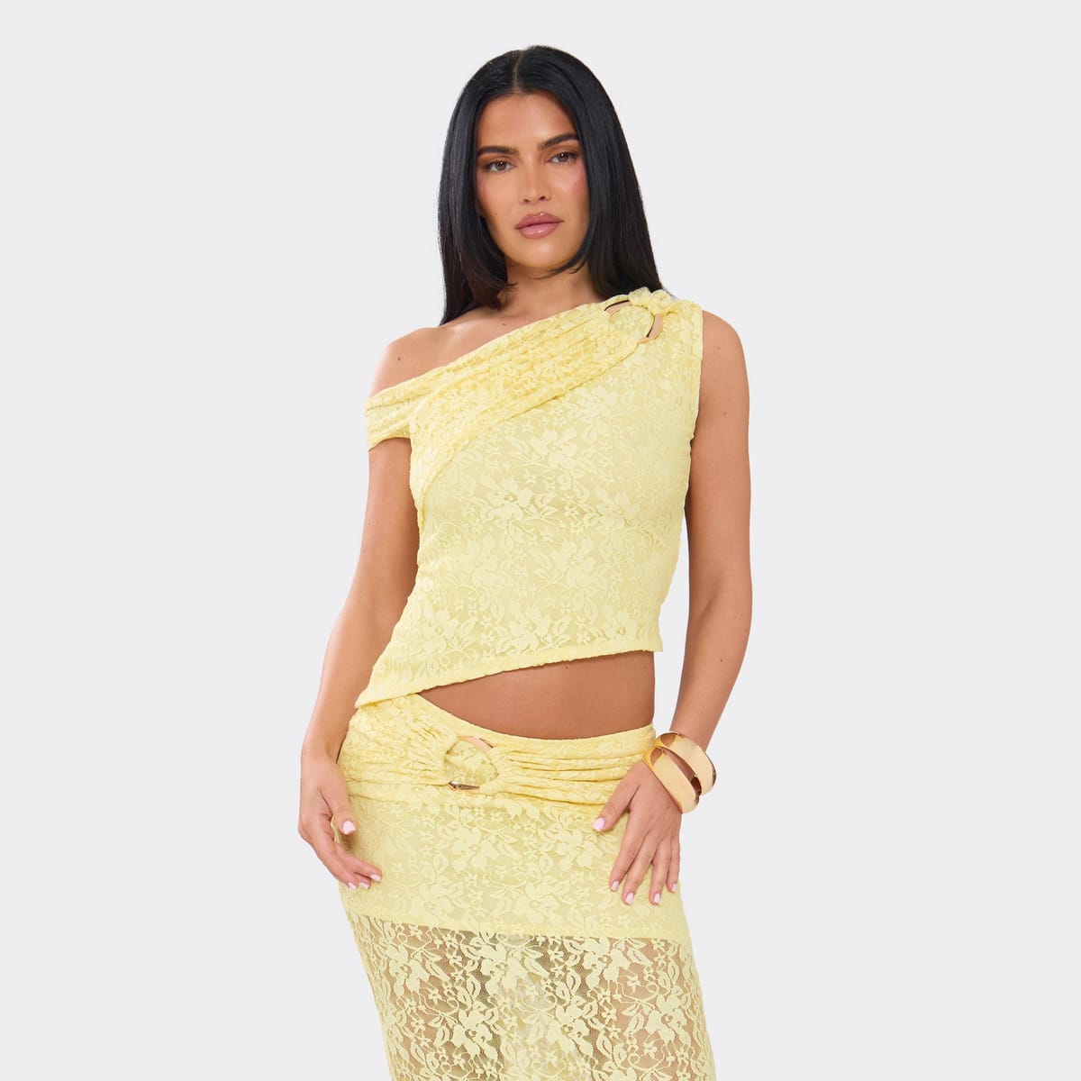 EGO Off The Shoulder Asymmetric Trim Detail Top In Lemon Lace, Women's Size UK 6 - 1