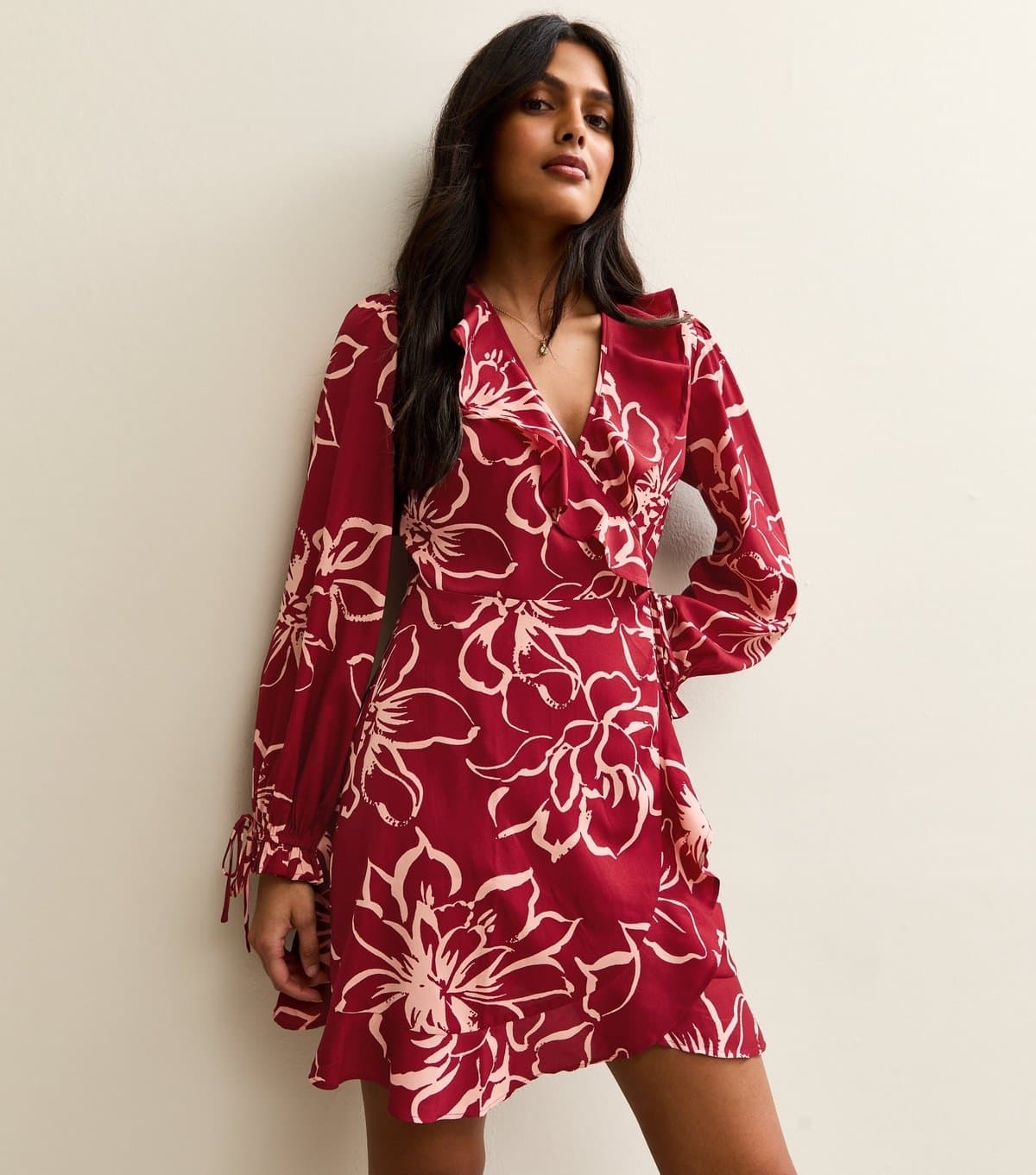 New Look Women's Red Flower Print Wrap Mini Dress New Look
