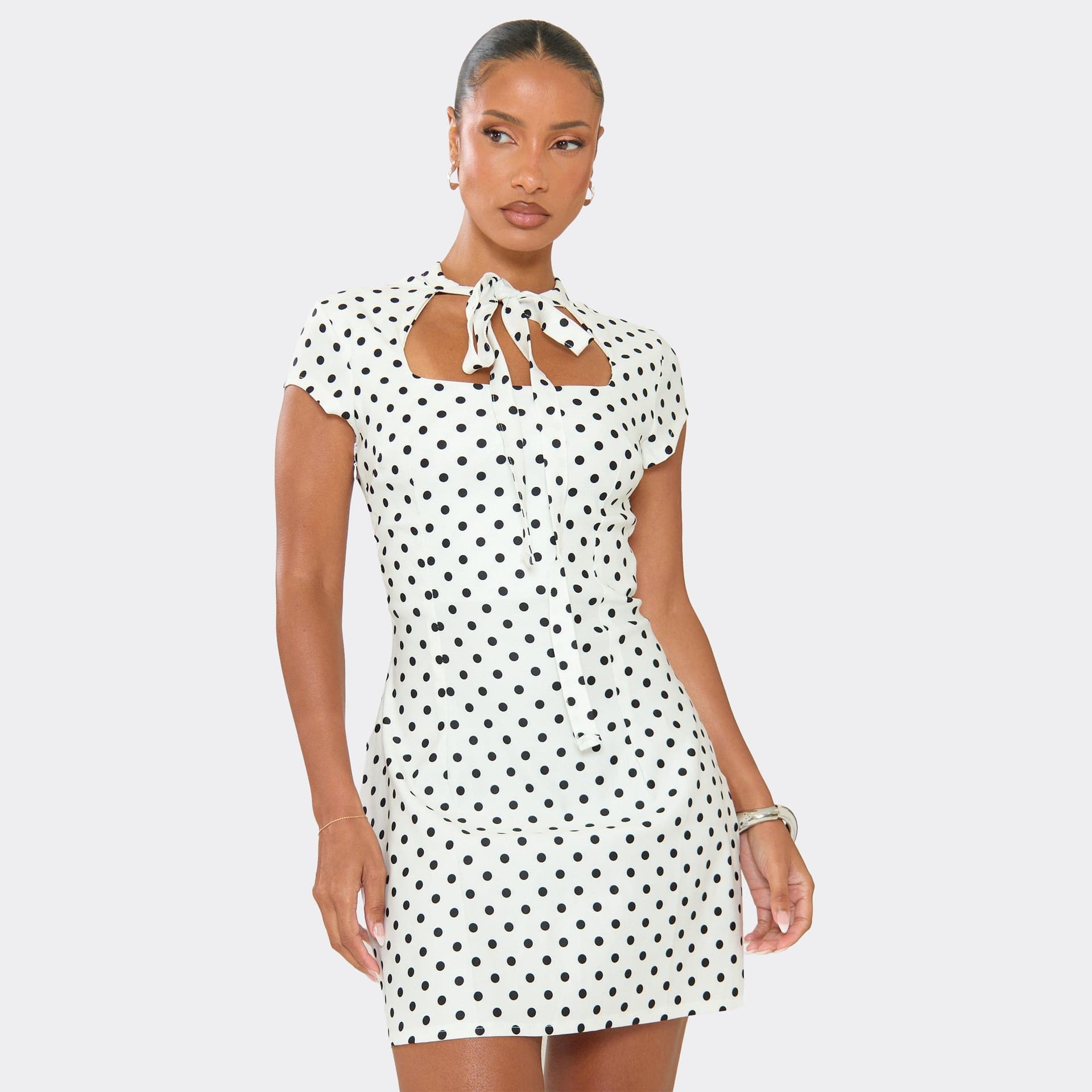 EGO Cap Sleeve Tie Front Detail Mini Dress In White Polka Dot, Women's Size UK S