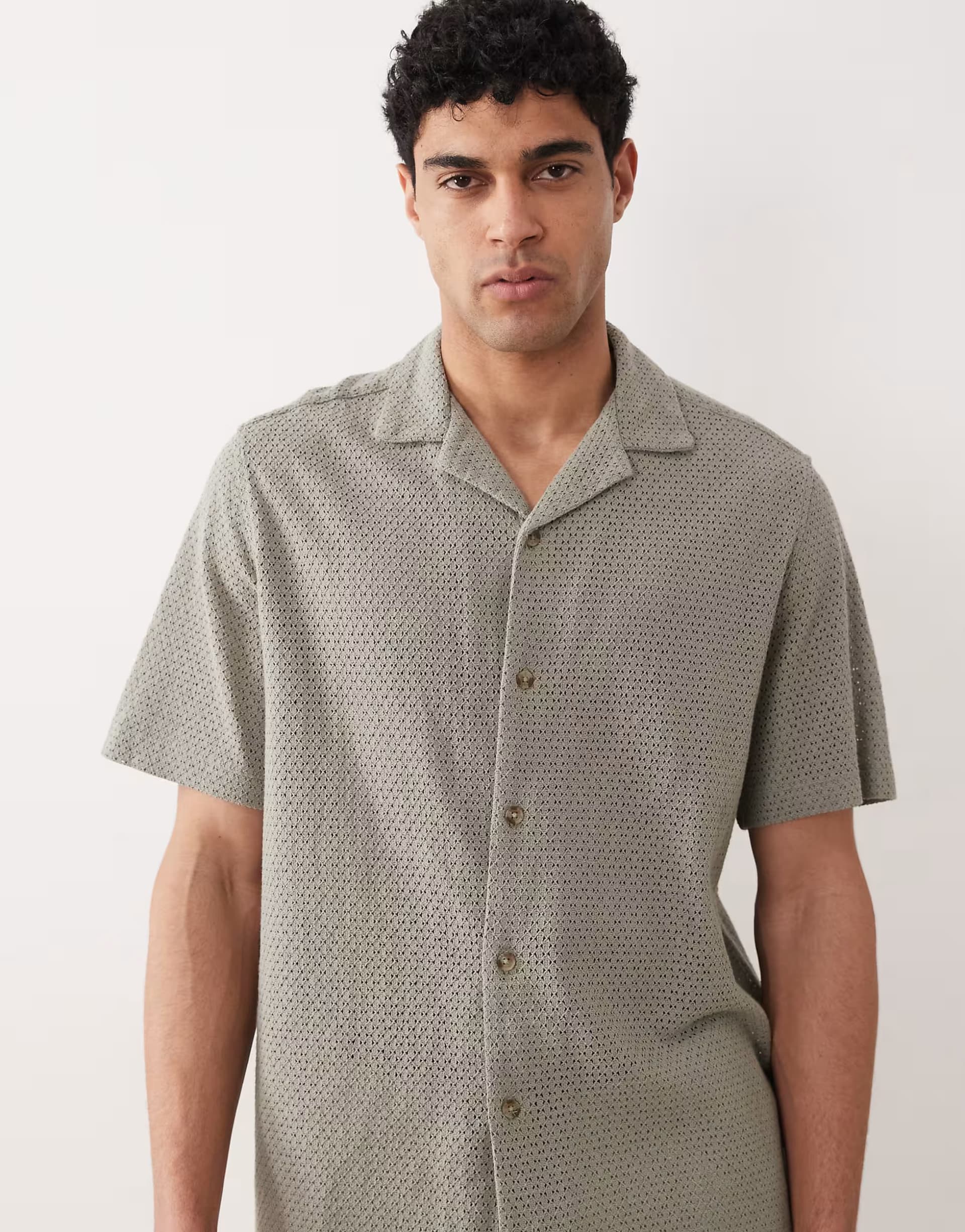 ASOS ASOS DESIGN oversized revere broidery shirt with linen in khaki