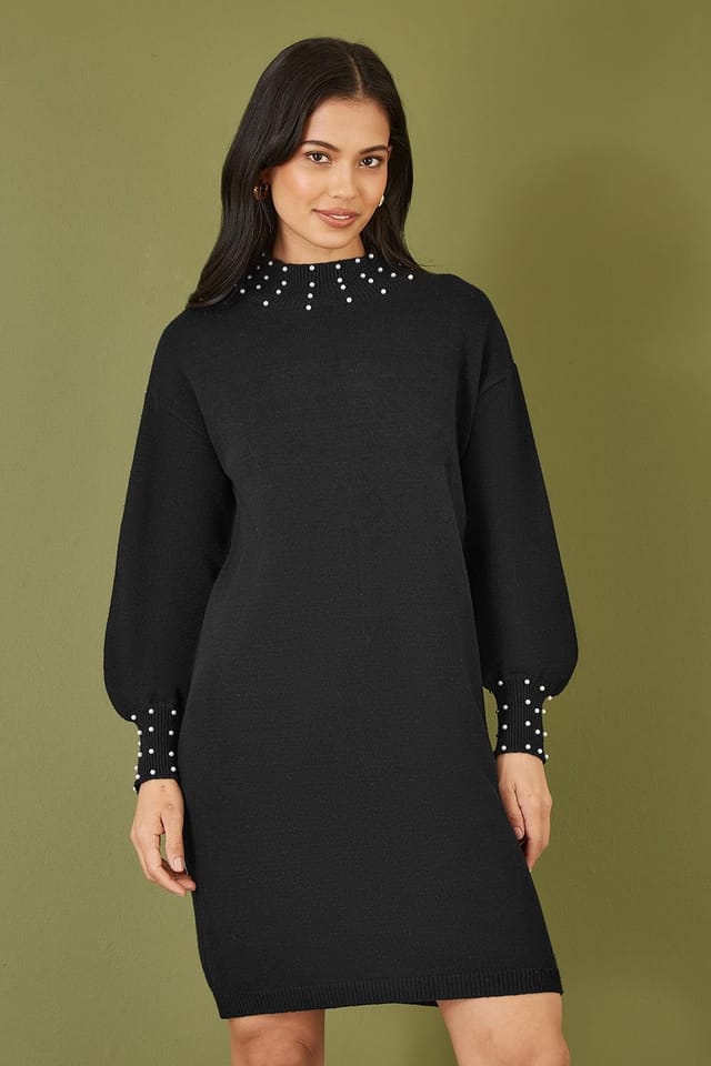 Yumi Yumi Women's Black Pearl Detail Knitted Relaxed Jumper Dress - 2