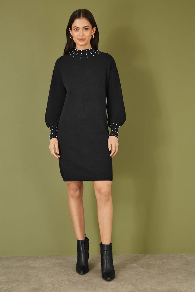 Yumi Yumi Women's Black Pearl Detail Knitted Relaxed Jumper Dress - 3