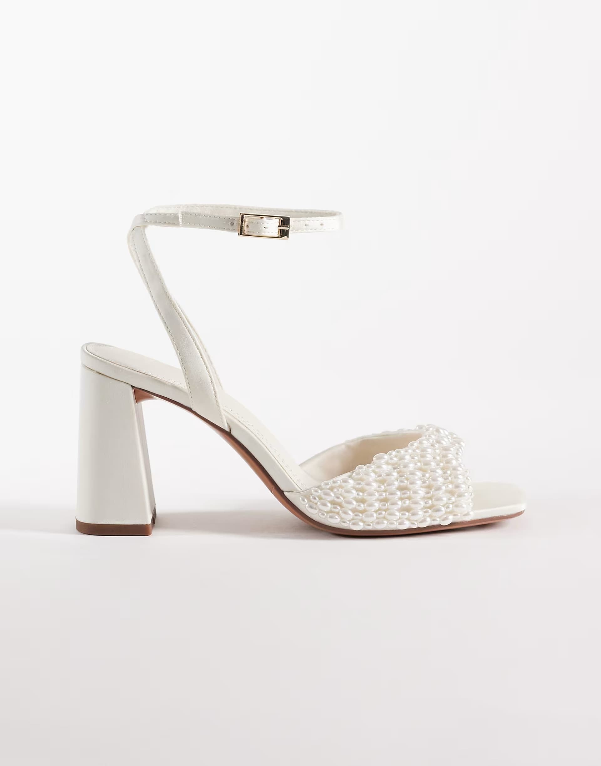 ASOS ASOS DESIGN Wide Fit Honour pearl embellished barely there block mid heel sandals in ivory