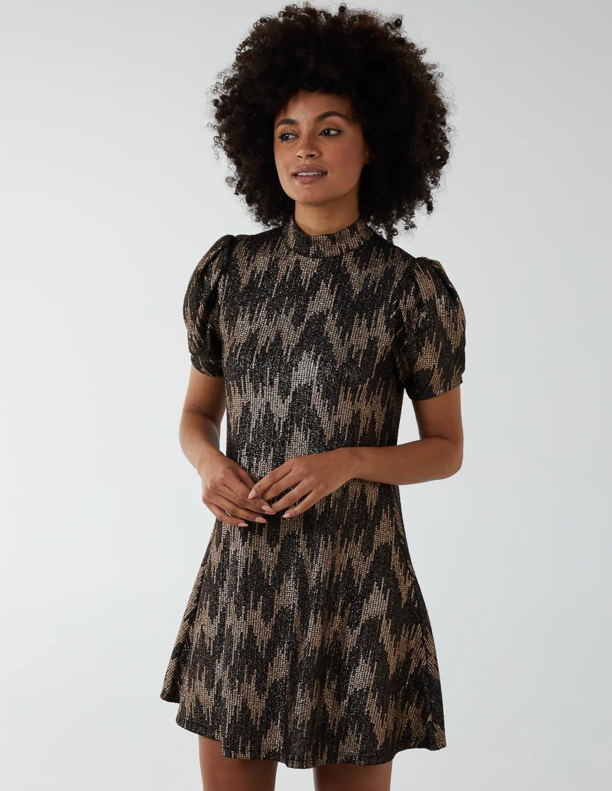 Blue Vanilla Foil Zig Zag Puff Sleeve Swing Dress
