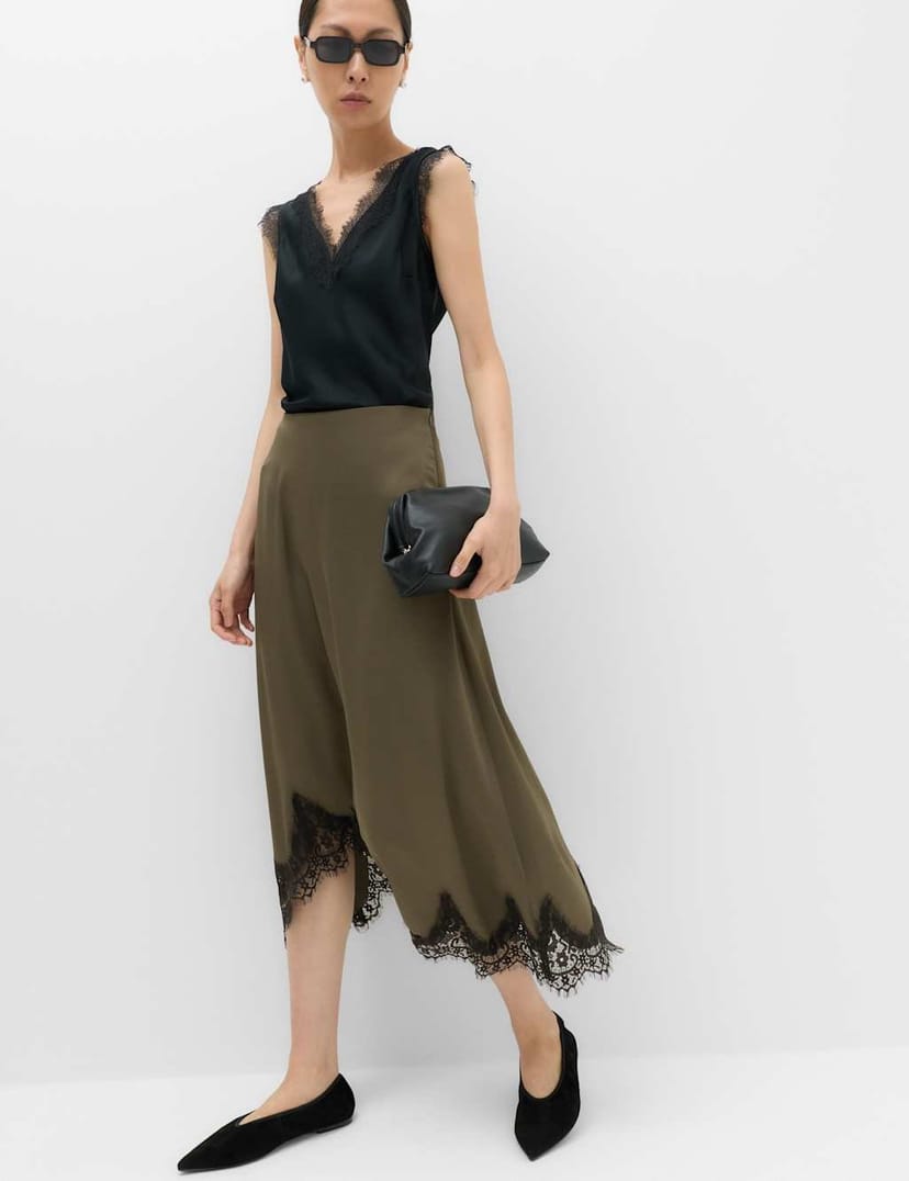 Marks & Spencer M&S Lace Hem Midi Asymmetric Skirt Olive - 1